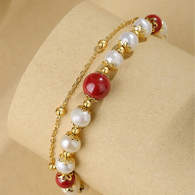 925 Sterling Silver Pearl Cinnabar Wisdom Bead Double Layer Chain Bracelet