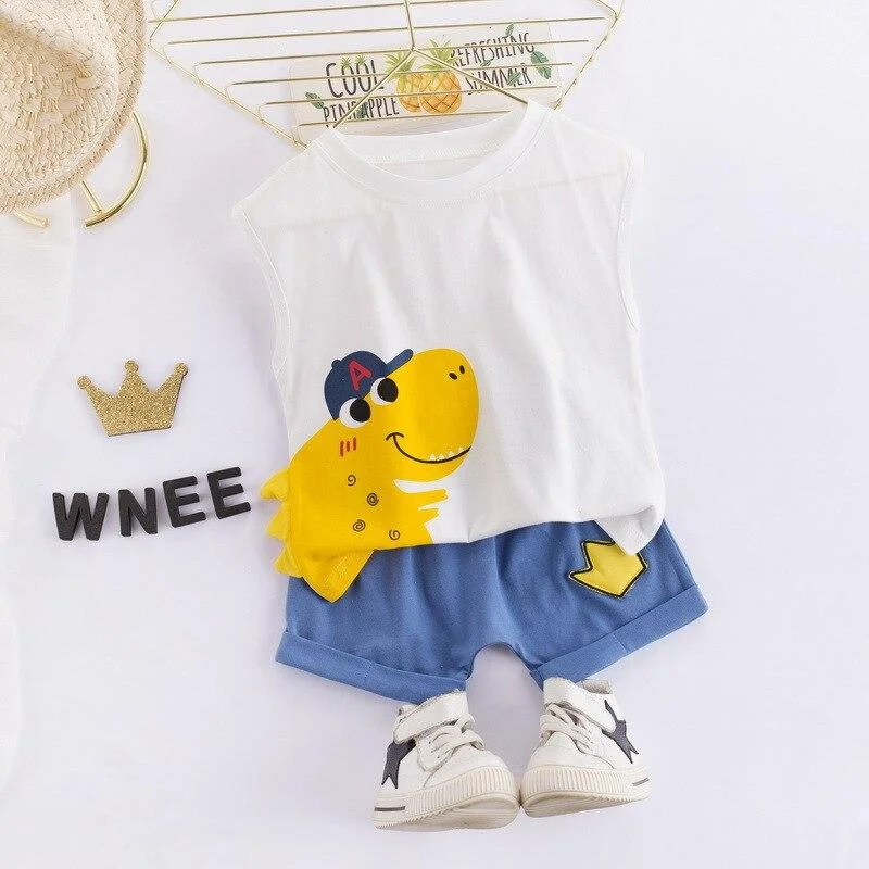 Baby Boys Cartoon Clothes 1 2 3 4 Years Children Outfits Cotton Dinosaur Vest + Shorts Set Soft Toddler Kids Costume