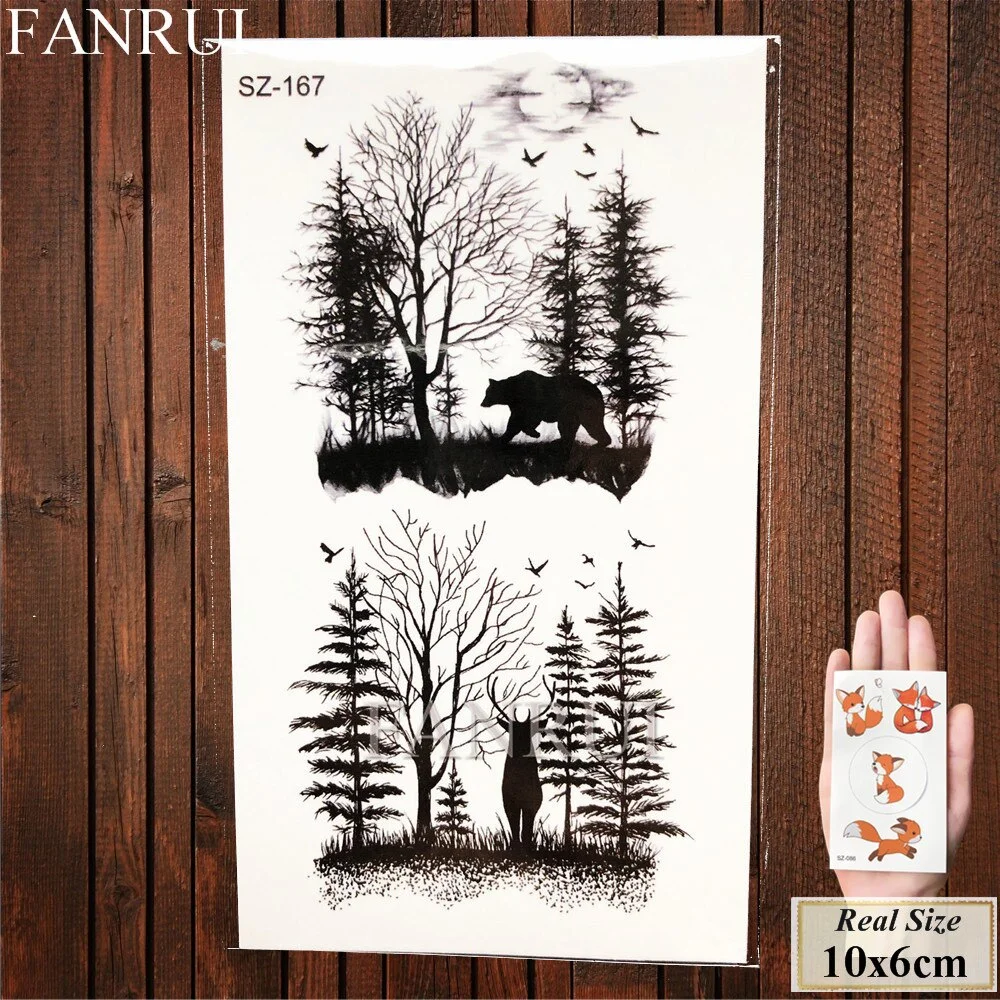 FANRUI Forest Bear Deer Temporary Tattoo Stickers Women Women Elk Fake Tatoo Body Arm Buy Summer Style Tattoo illustration Tree