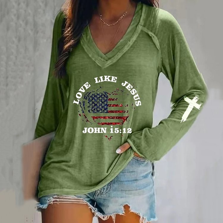 Comstylish Love Like Jesus Flag Heart Casual V-Neck Long-Sleeve T-Shirt