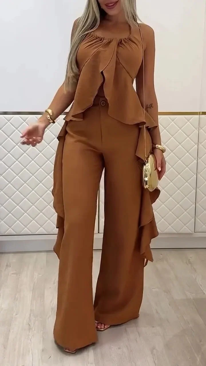 Solid-color sleeveless irregular halter top, casual trousers and fashionable set 