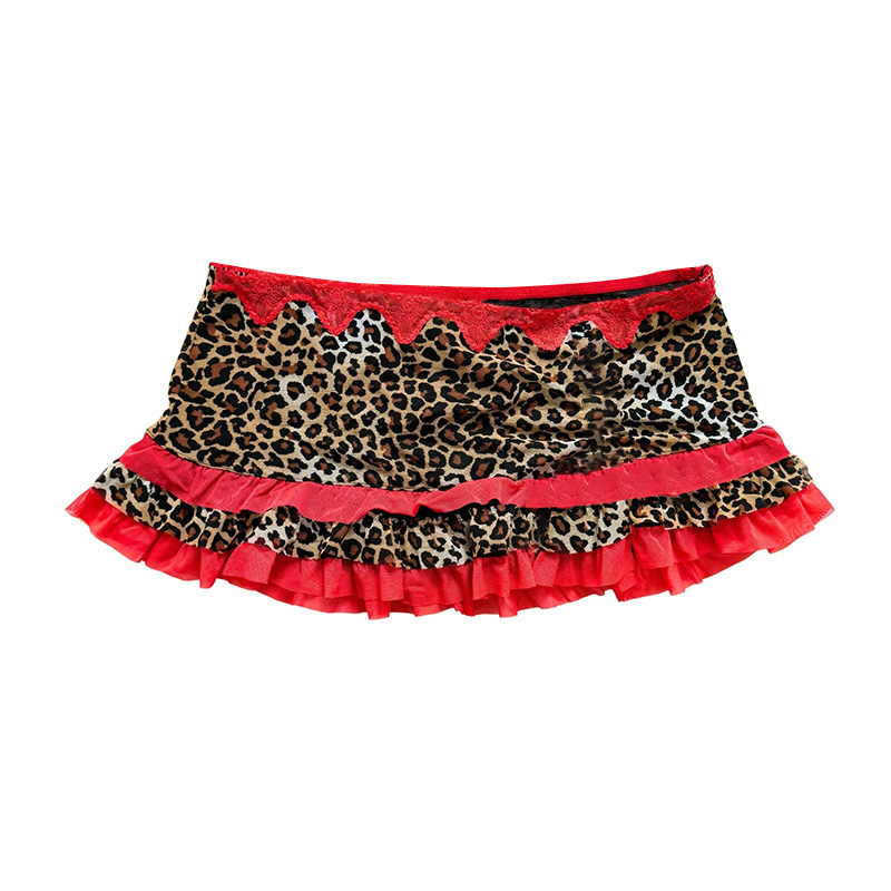 Wimawait Harajuku Leopard print Y2K Lace Skirt Casual Punk Mini Skirt Streetwear Rock Goth Low Rise Skirts Hiphop Retro Half length skirt