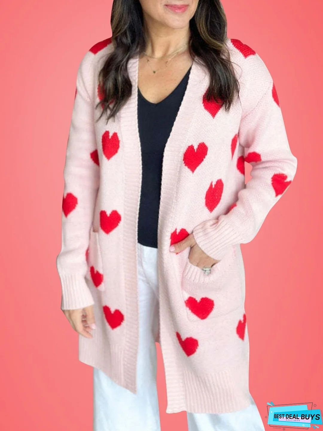 Heart Open Front Long Sleeve Cardigan