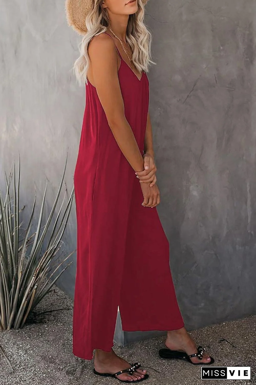 Casual Sling Solid Color Pocket Jumpsuit