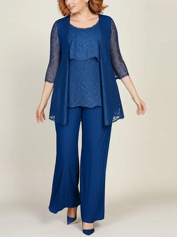 Solid Color Lace Top And Trousers Three-Piece Suit