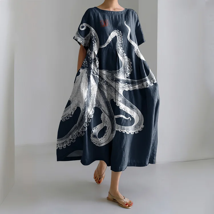 Vintage Japanese Art Octopus Print Casual Midi Dress