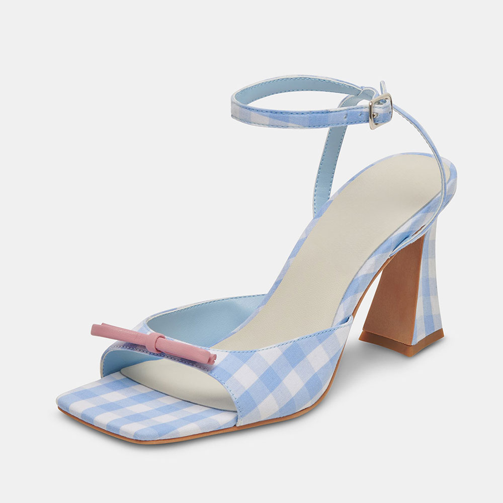 White & Blue Gingham Open Square Toe Flared Heel Women Sandals Nicepairs