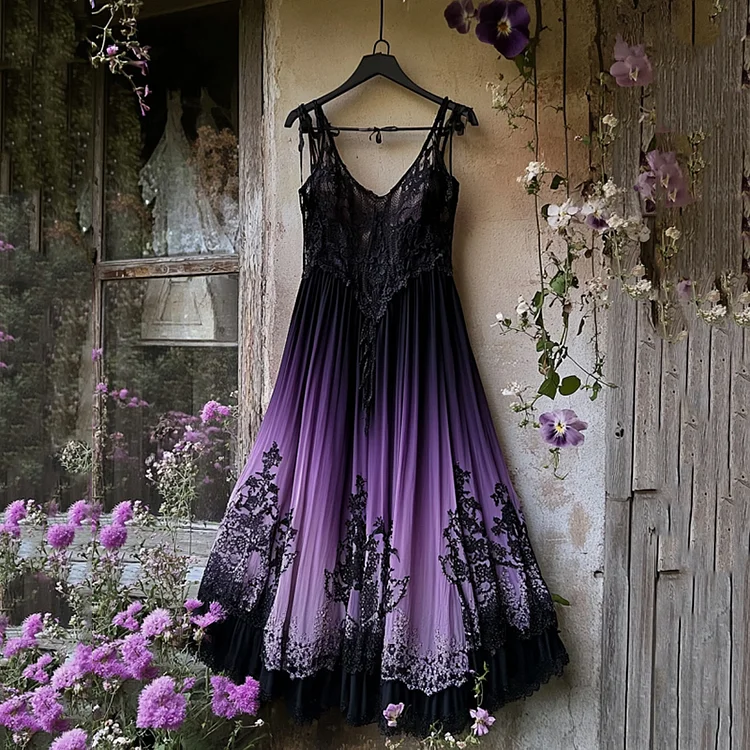 Vintage Gradient Embroidered Lace Patchwork Art Linen Dress
