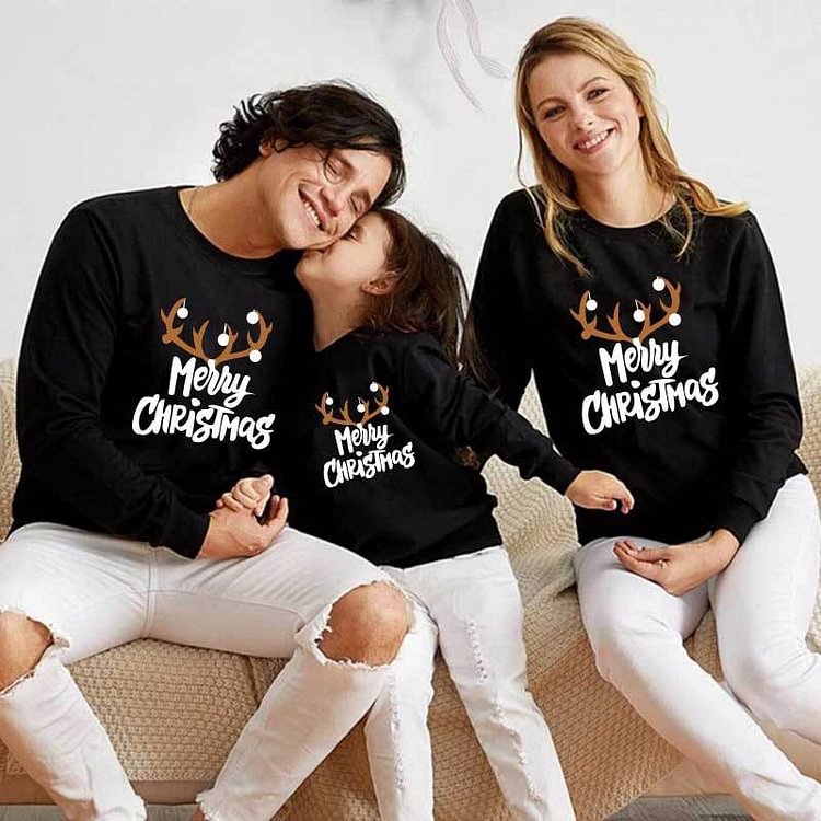 Merry Christmas Letter Print Long Sleeve Hoodie Family Sweatshirt(Black)