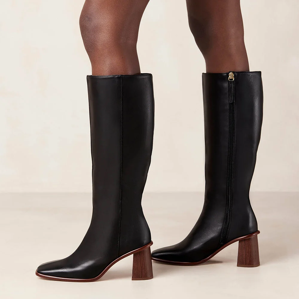Black Vegan Leather Square Toe Side-Zip Knee High Boots With Chunky Heels Nicepairs