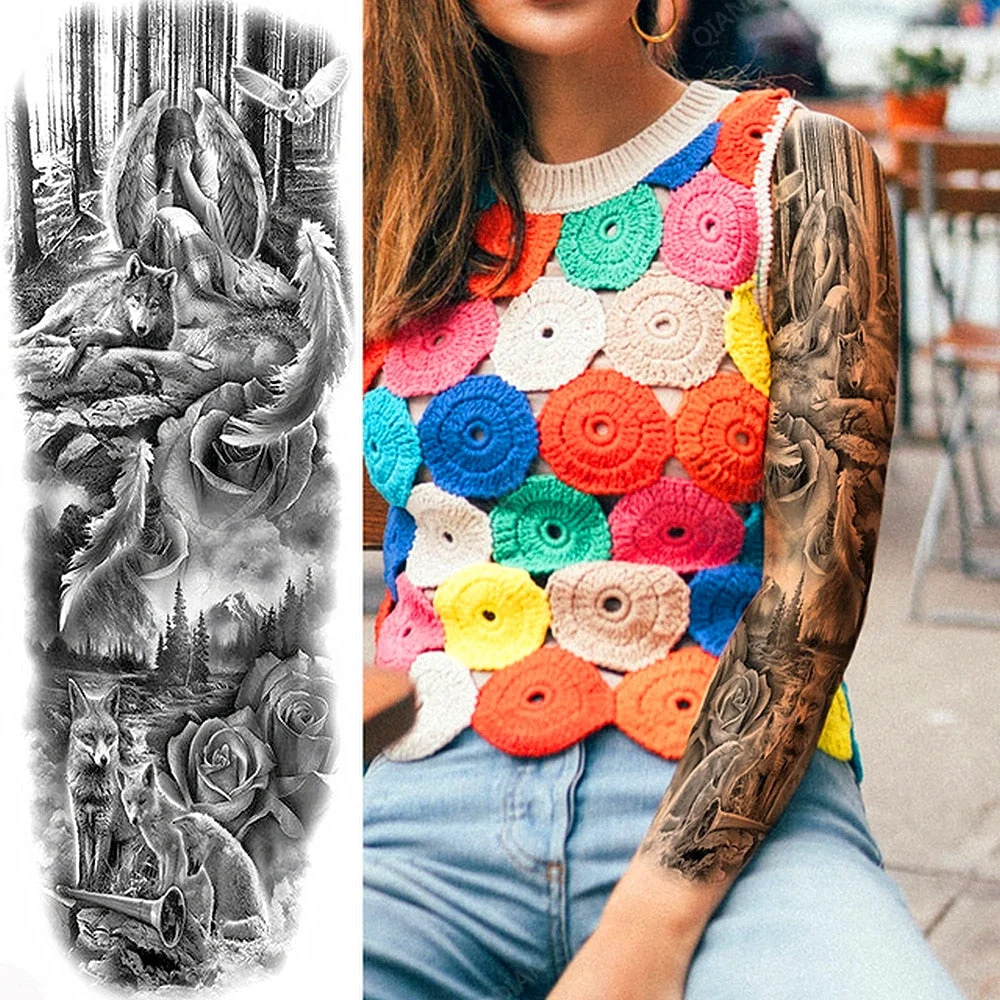 Large Arm Sleeve Tattoo Rose Lion Wolf Waterproof Temporary Tatto Sticker Flower Clock Waist Leg Body Art Full Fake Tatoo Women