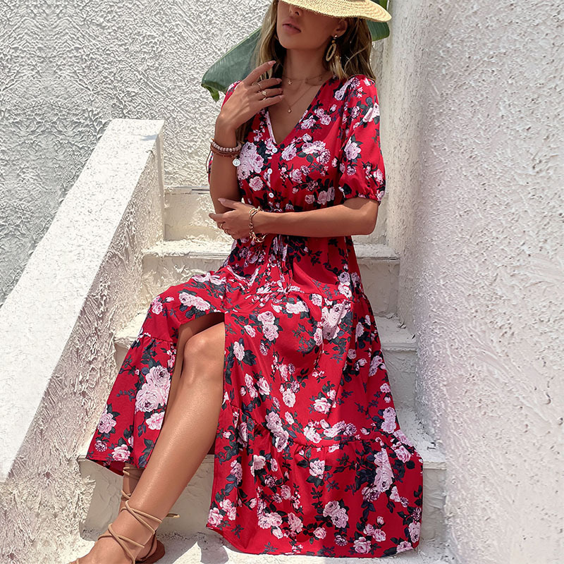 Mature Women Casual Summer Fashion Printed V-neck Slit Dress