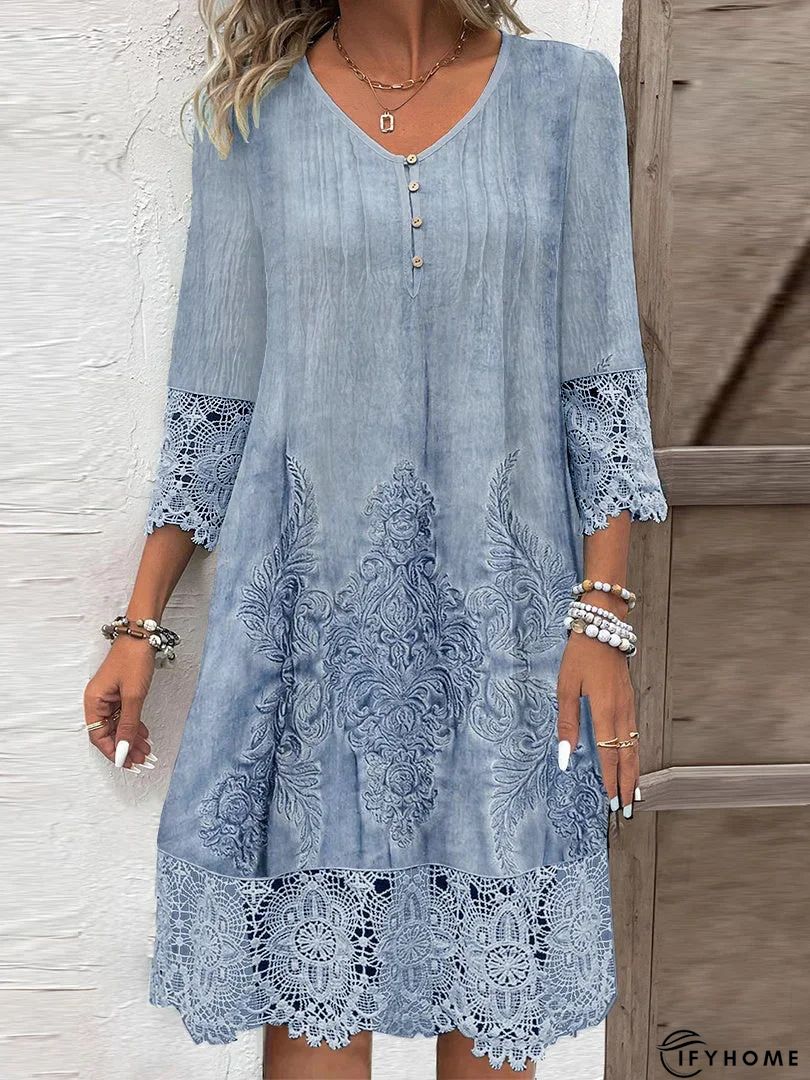 Women's Casual Dress Lace Dress Summer Dress Plain Lace Hollow Out U Neck Mini Dress Fashion Streetwear Outdoor Daily 3/4 Length Sleeve Loose Fit White Green Apricot Spring Summer S M L XL XXL | IFYHOME