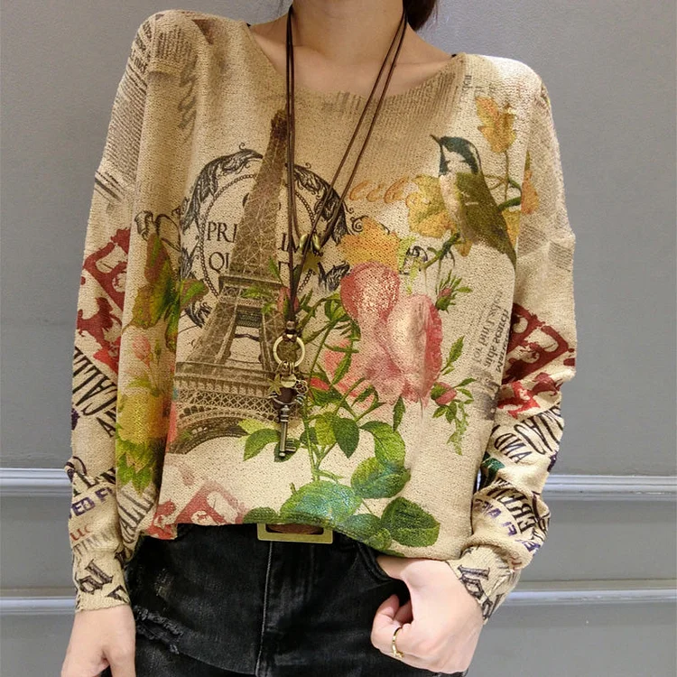 autumn plus size fashion bird prints sweater tops casual o neck women knit pullover