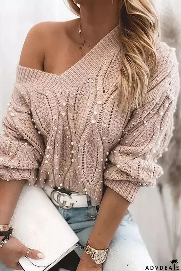 Too Elegant V Neck Pullover Beaded Long Sleeve Sweater