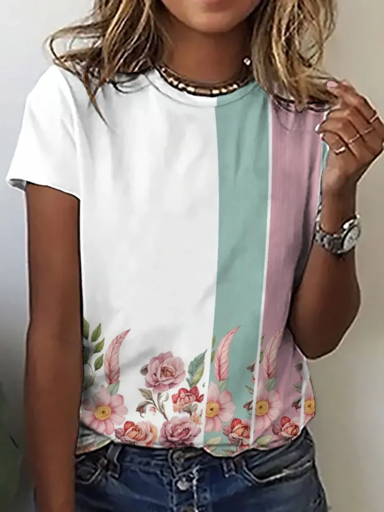 Printed Short Sleeve Casual T-shirt for  Women and Men Unisex Pattern Floral, Green, Pink
