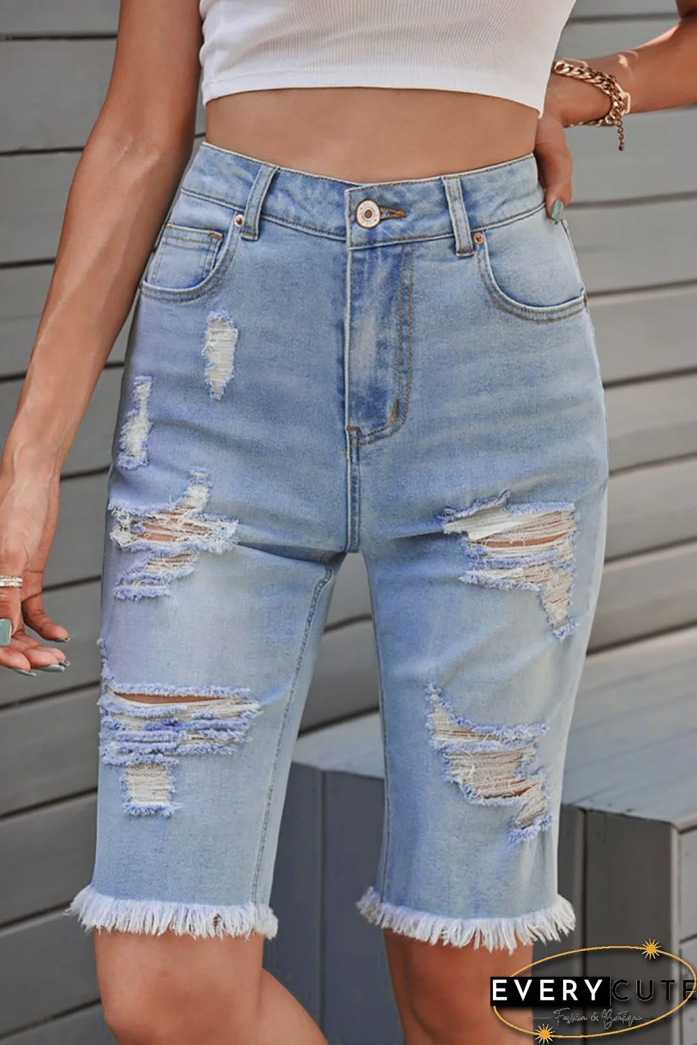 Light Blue Distressed Denim Bermuda Shorts