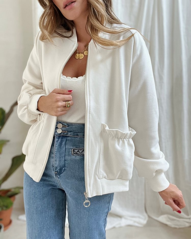 Round Collar Pleated Long Sleeves Outwear