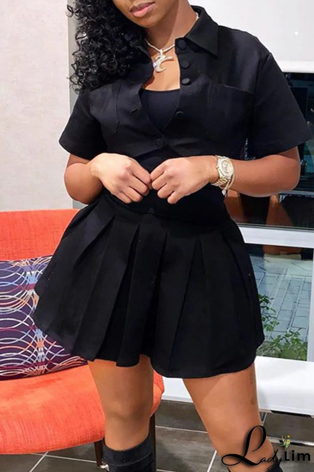 Red Casual Solid Patchwork Buckle Fold Turndown Collar Short Sleeve Two Pieces