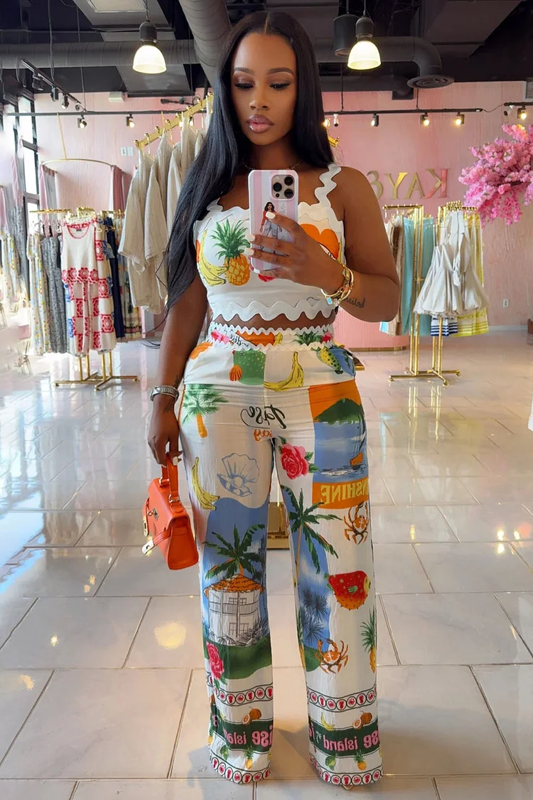 Ric Rac Trim Cami Top Fruit Print Wide Leg Pants 2pcs Set-White