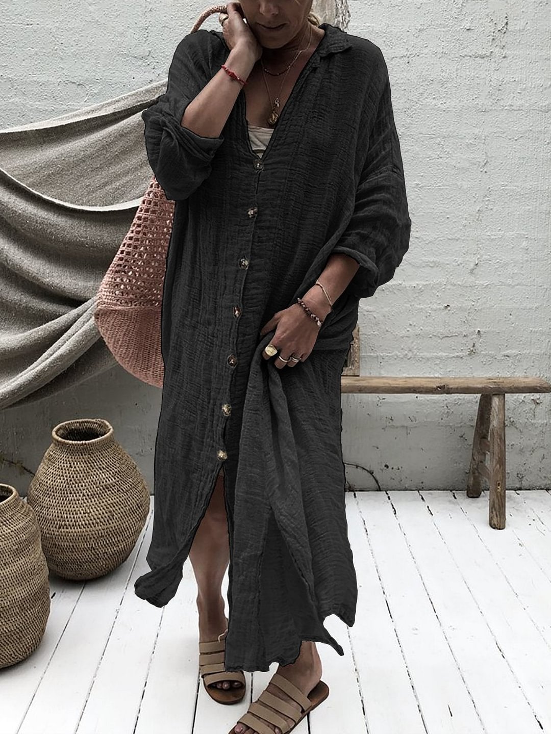 Solid 3/4 Sleeve V Neck Cotton Fall Dresses Linen | EGEMISS
