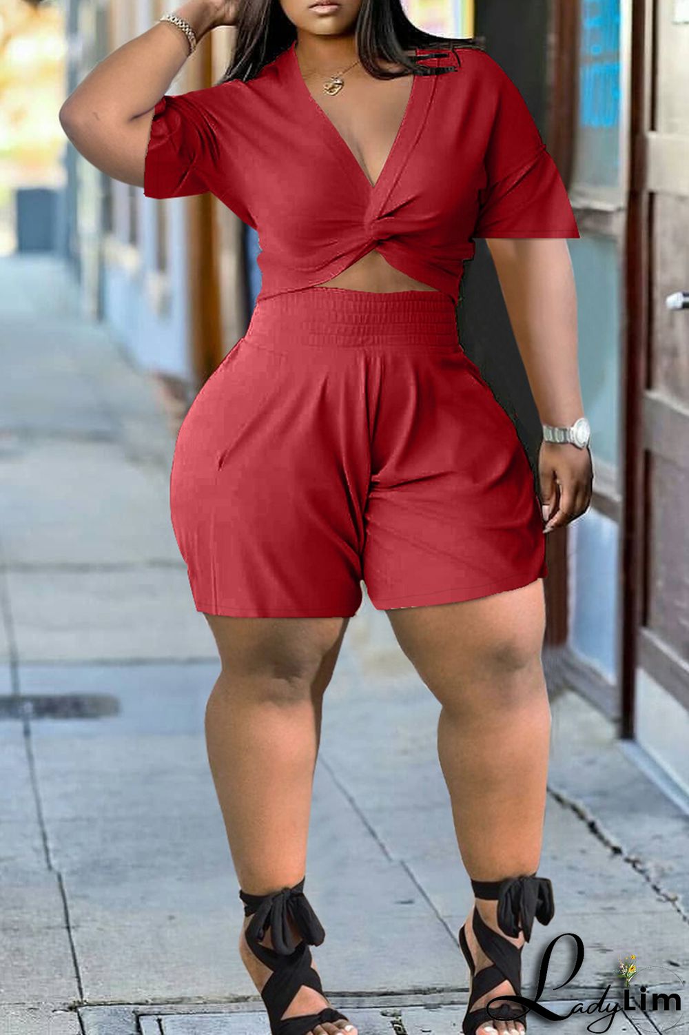 Grey Fashion Casual Solid Basic V Neck Short Sleeve Two Pieces
