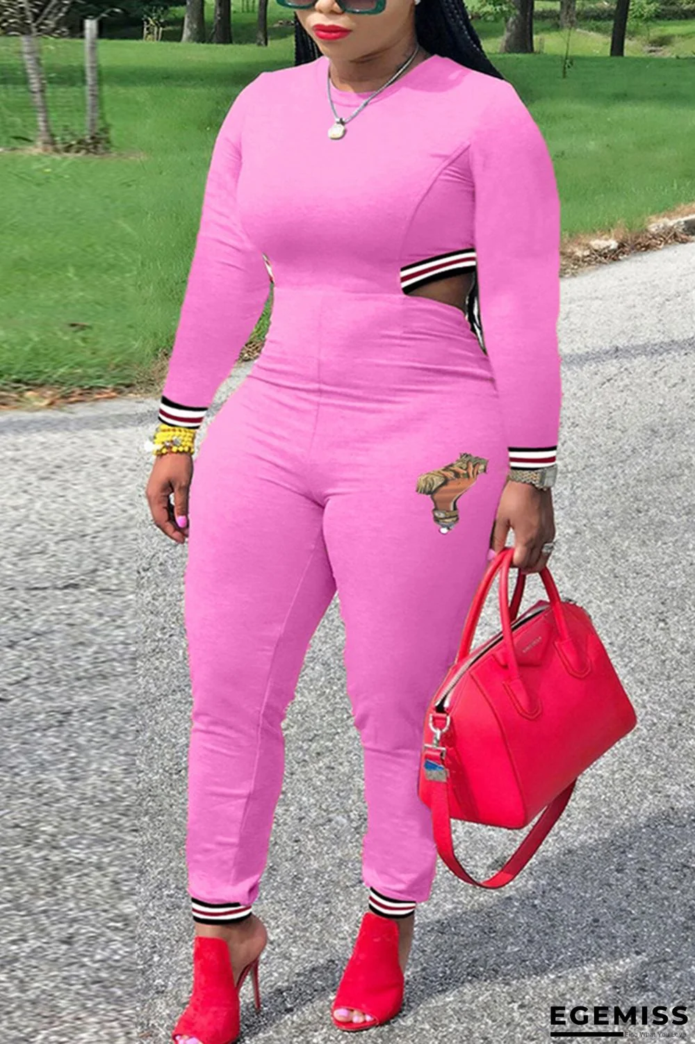 Pink Casual Solid Long Sleeve O Neck Jumpsuits | EGEMISS