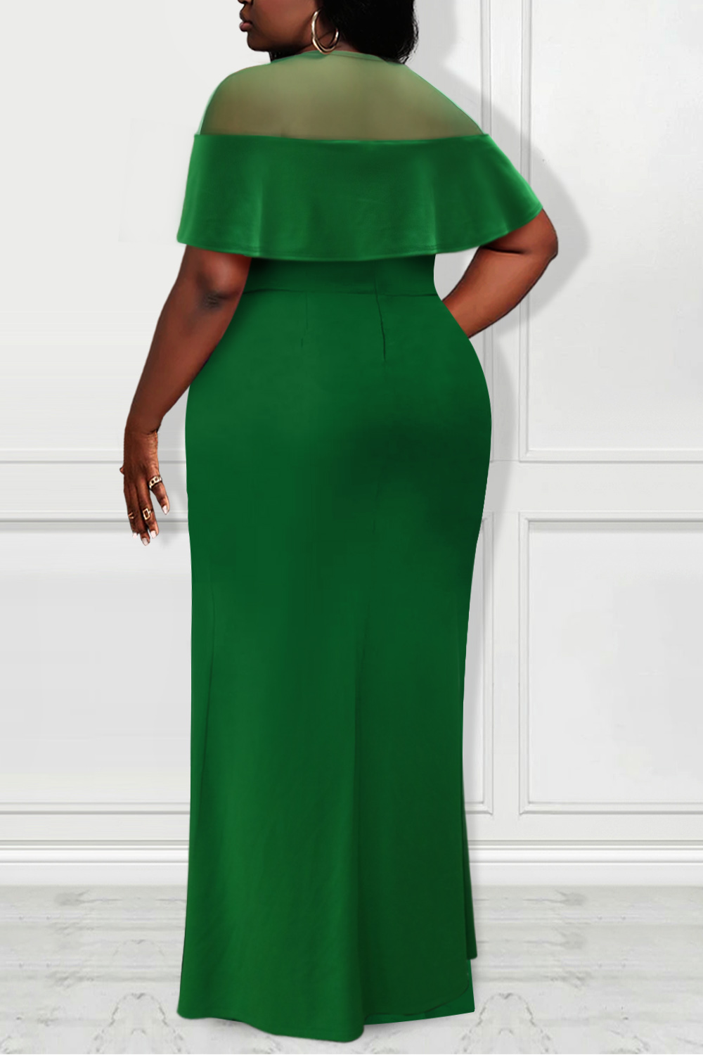Plus Size Formal Dress Green Mesh Rhinestone High Split Knitted Maxi Dress