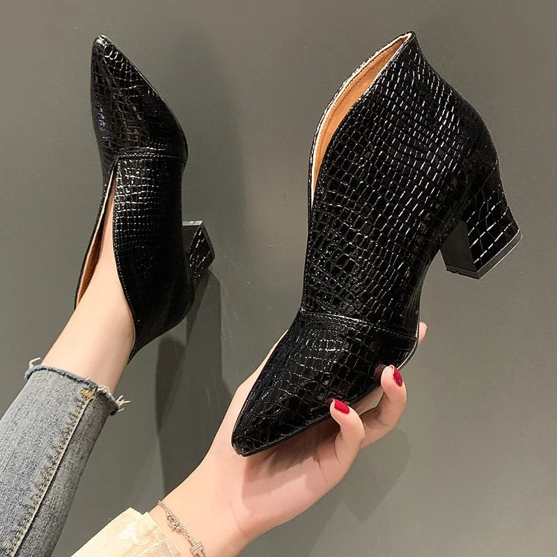 Pointy V-neck Patent-leather Single Women Shoes High Heels Spring Versatile Retro Chunky Single Shoes Zapatos De Mujer Black
