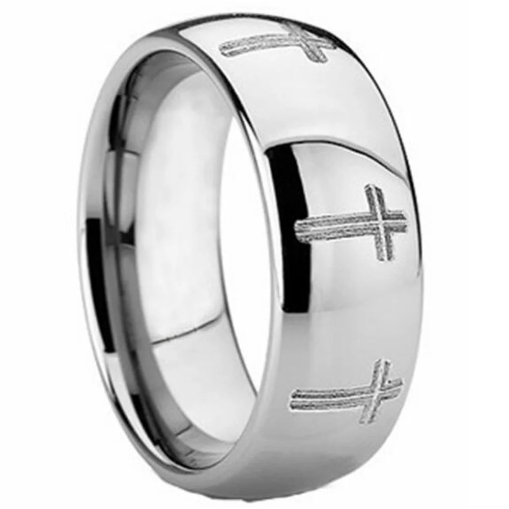 6MM 8MM Silver Mens Cross Religion Dome Tungsten Wedding Bands