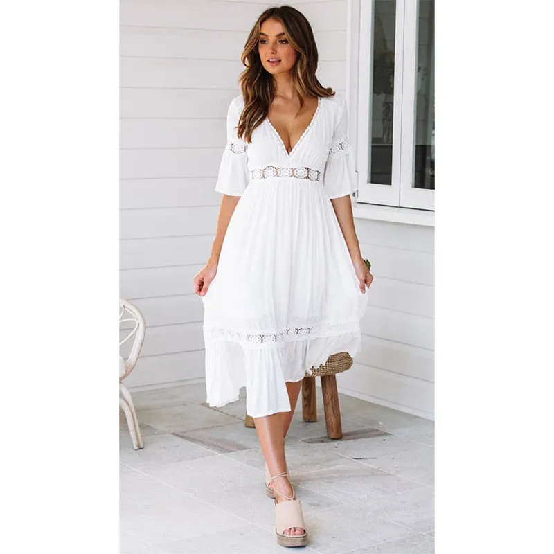 Ordifree 2022 Summer Women White Maxi Dress Sundress Sexy Lace Crochet Long Tunic Beach Dress