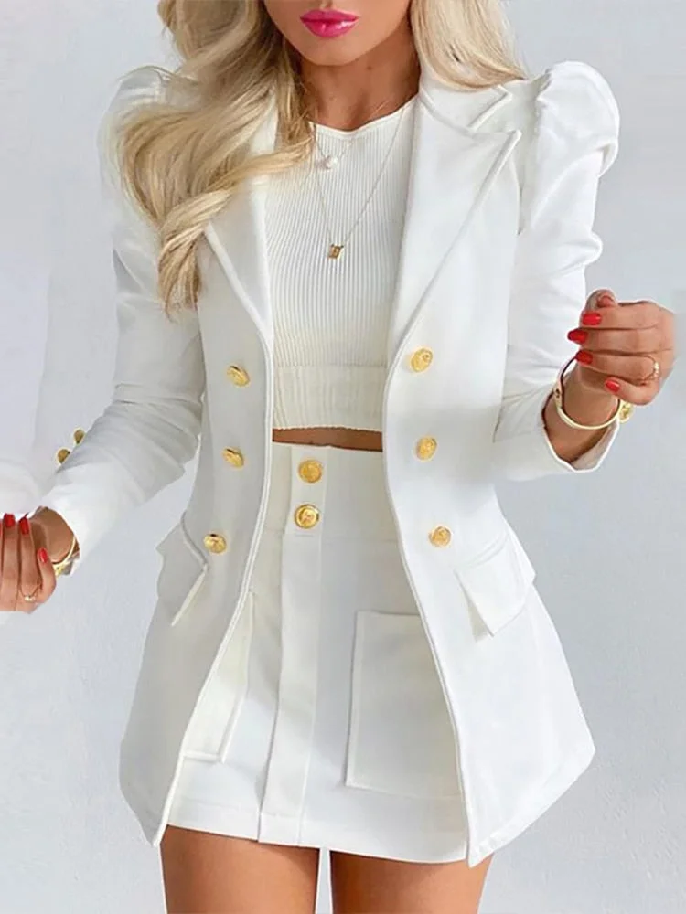 Peneran Graduation gift New Lady Office Solid Color Puff Sleeve Suit + High Waist Button Skirt Two-Piece Set Women Spring Fashion Blazer Commute Outfits