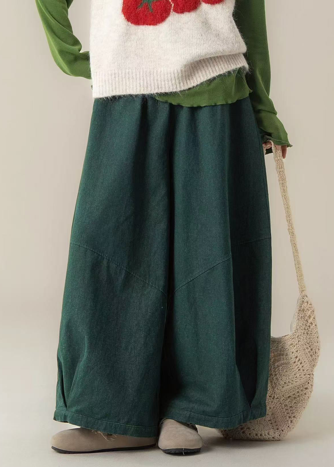 denim wide-leg casual patchwork python pants | wide... Casual Peacock Green Oversized Denim Wide Leg Pants Spring