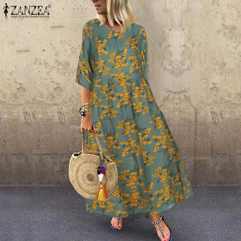 Oversized Retro Summer Short Sleeve Kaftan Casual Floral Printed Bohemian Long Maxi Shirt Dress Holiday