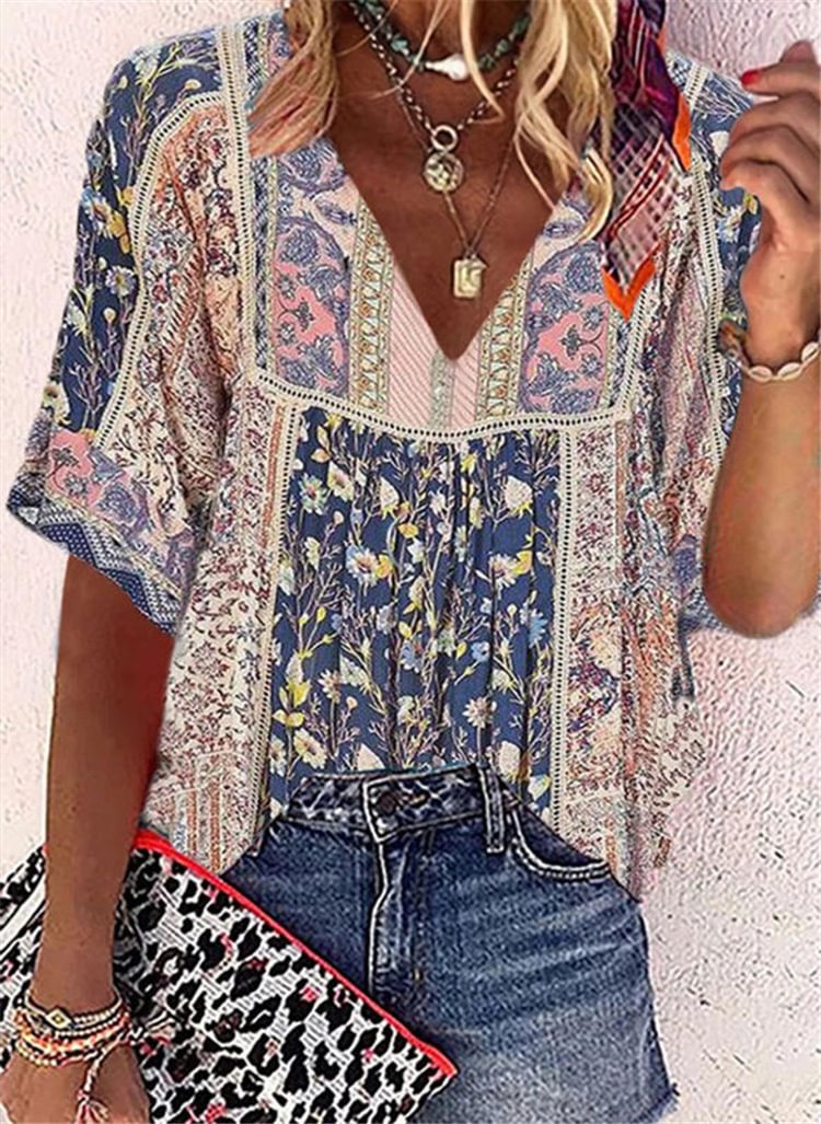 Women's Summer Printed V-neck Loose Urban Casual T-shirt