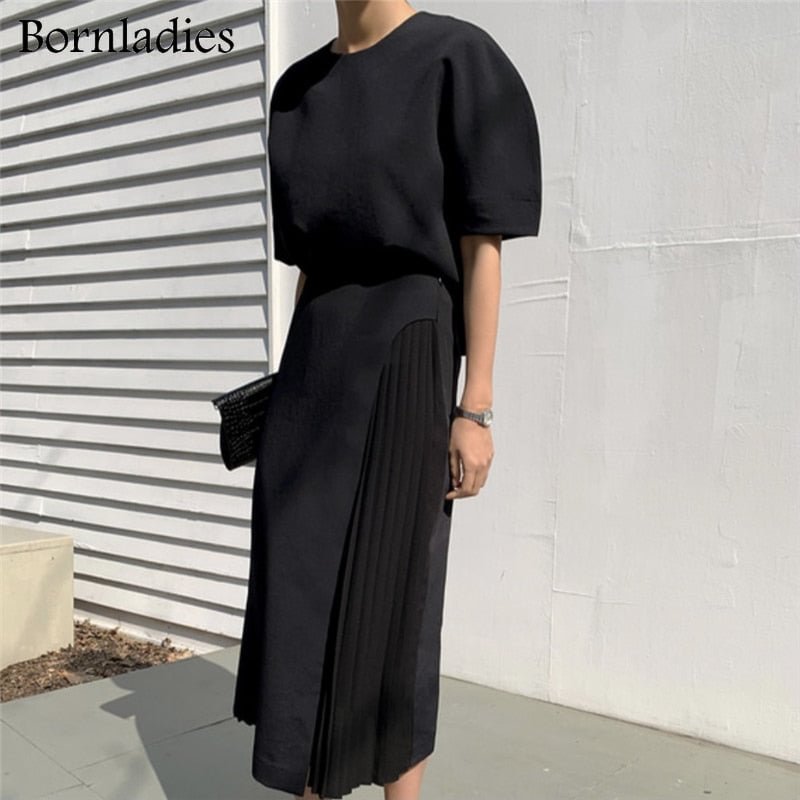 Bornladies Skirt Suits Women Summer Two Piece Set Short Sleeve O-neck T Shirt + High Waist Long Pleated Skirt 2 Piece Outfits
