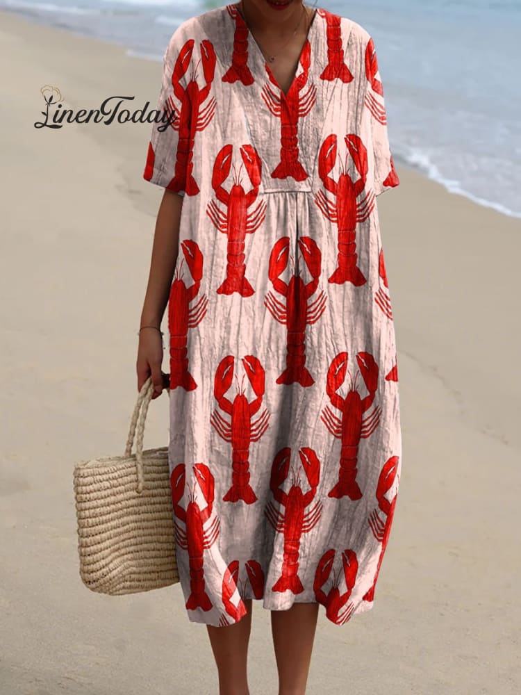 Red Lobster Decorative Pattern Flowy Dress Multicolor / S
