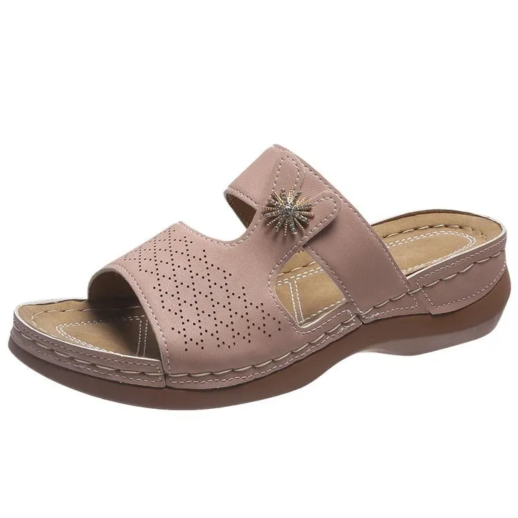 Women's Solid Color Hollow Mid-heel Platform Slippers