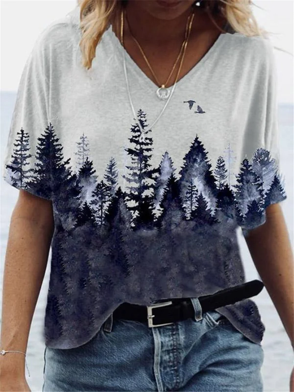 Vintage Forest Printed V-Neck Tee