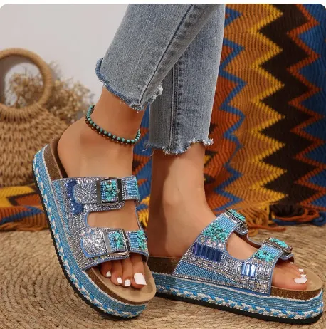 Breakj Breakj New Thick Bottom Rope Double Buckle Drill Softwood Beach Slippers Large Size Women's Shoes