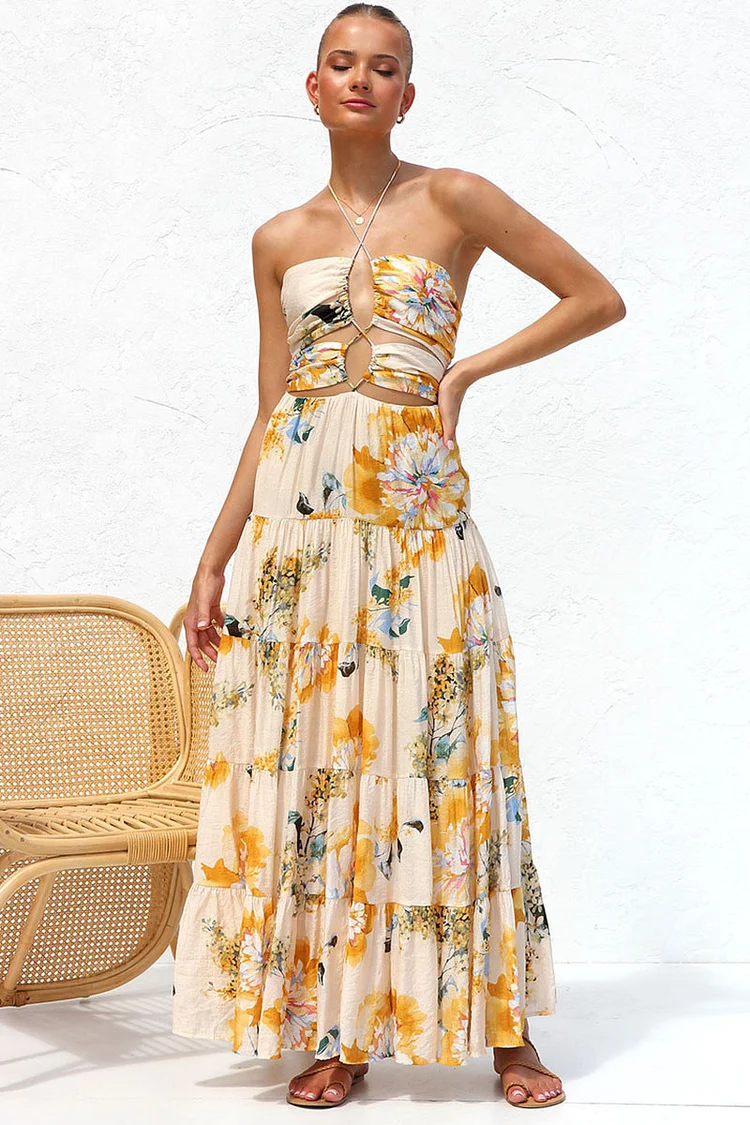 Cutout Halter Print Tiered Backless Vacation Maxi Dresses
