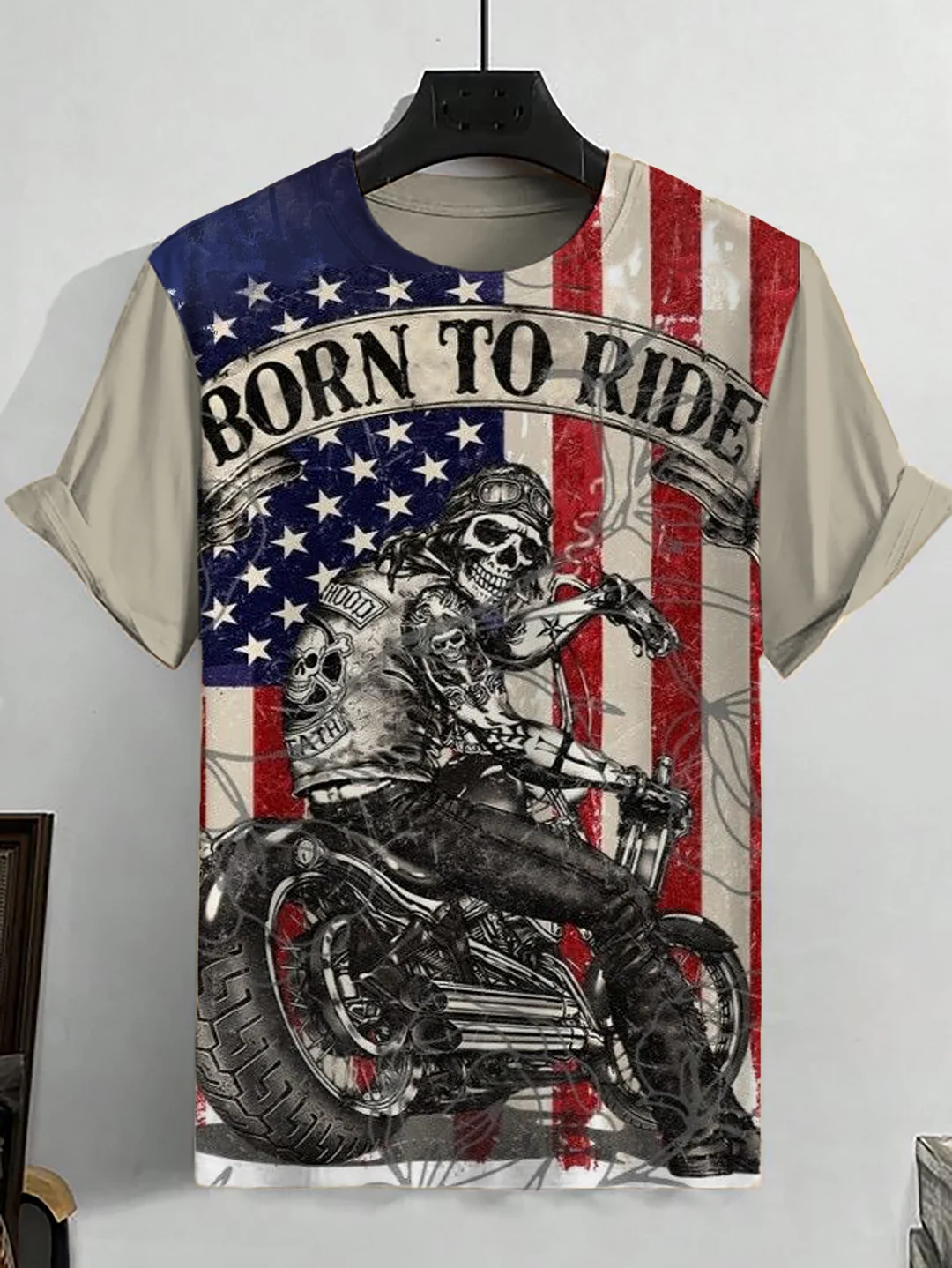 Men's Born To Ride Skeleton Graphic Print Independence Day Casual T-Shirt