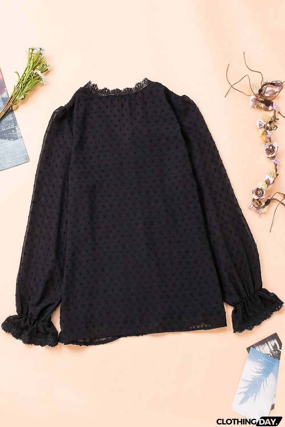 Elegant V-Neck Swiss Dot Lace Blouse
