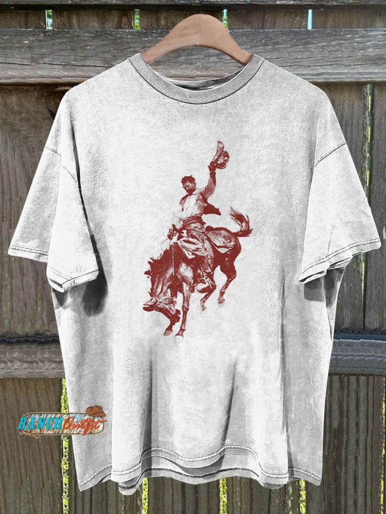 White Background Cowboy Printed T-Shirt Colorful / S