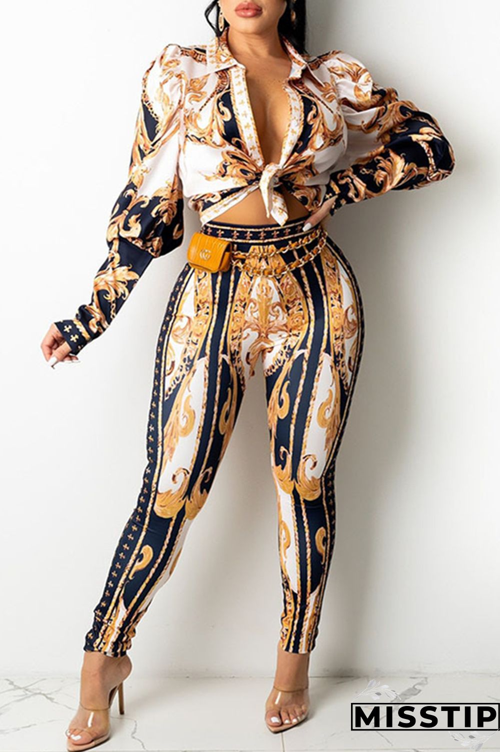 Coffee Fashion Casual Print Basic Turndown Collar Long Sleeve Two Pieces