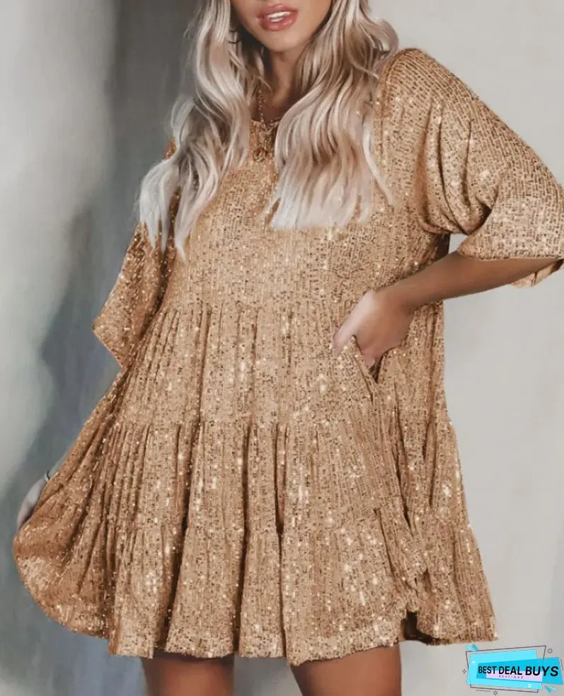 Color Fashionable Sequins Round Neck Loose Waist Sleeve Dresses