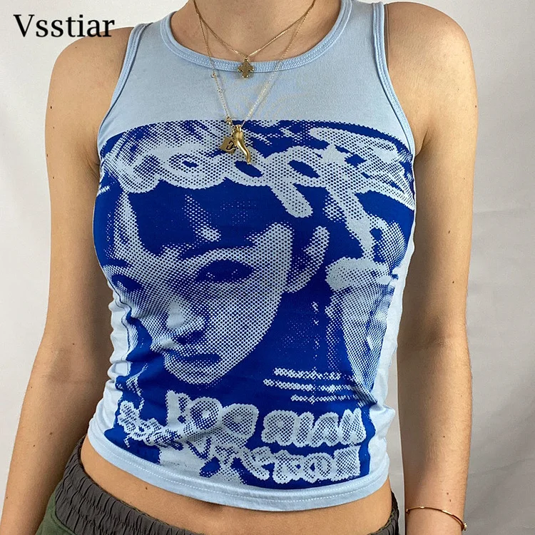 Vsstiar Sexy Print Tanks Women Summer Y2K Sleeveless Off Shoulder Clothes Fashion Streetwear Casual Portrait Tie Dye Crop Tops
