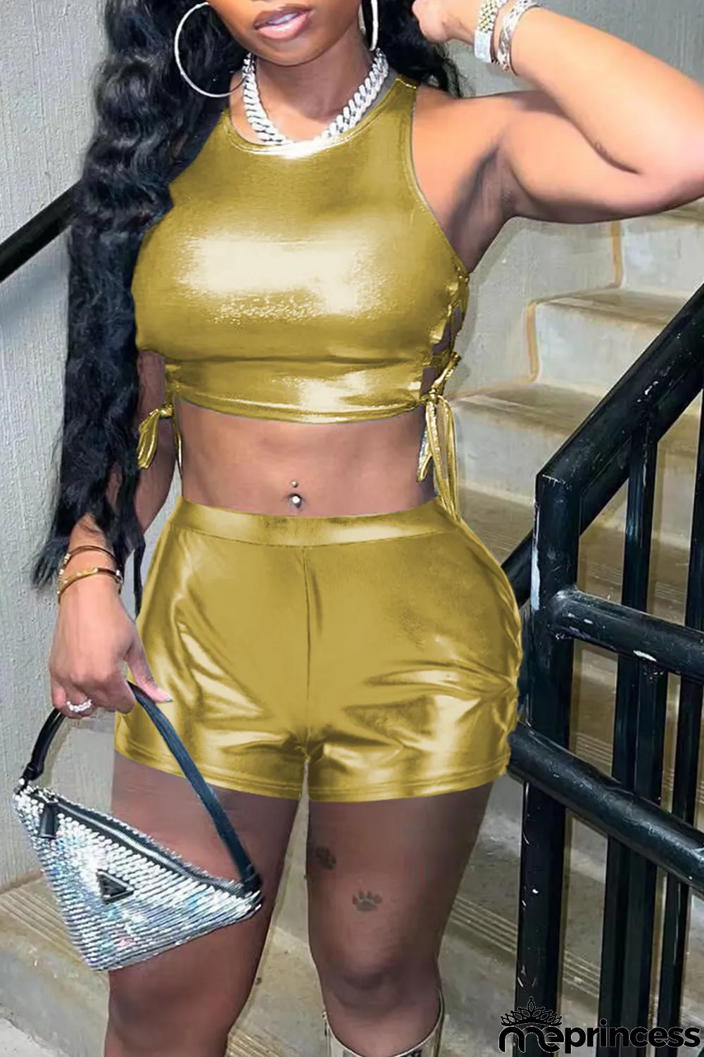 Blue Sexy Solid Bronzing Draw String O Neck Sleeveless Two Pieces