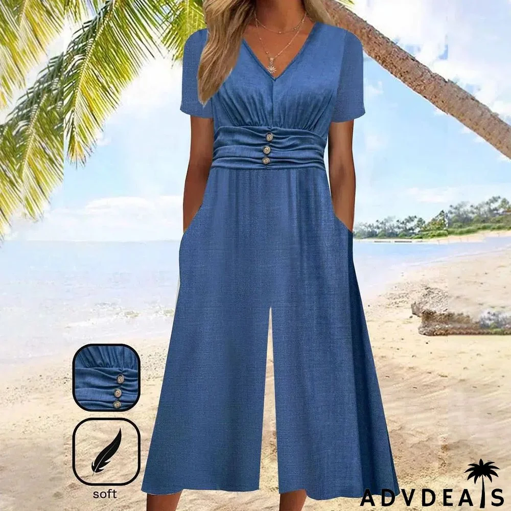Blue Plain Side Pocket Short Sleeve Jumpsuit