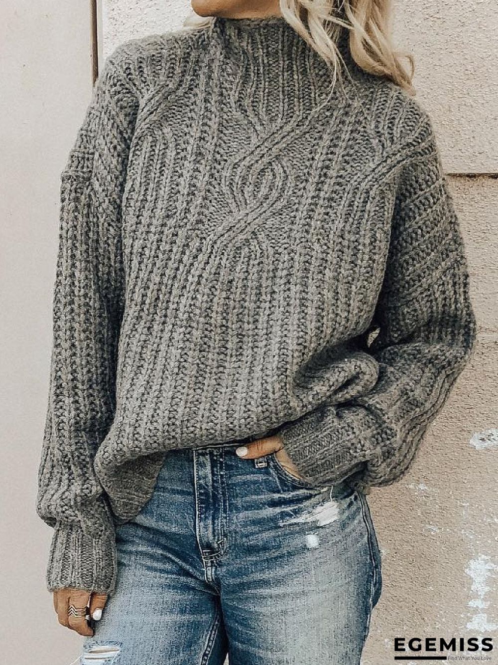 Women Long Sleeve Turtleneck Cotton-blend Plus Size Sweaters | EGEMISS